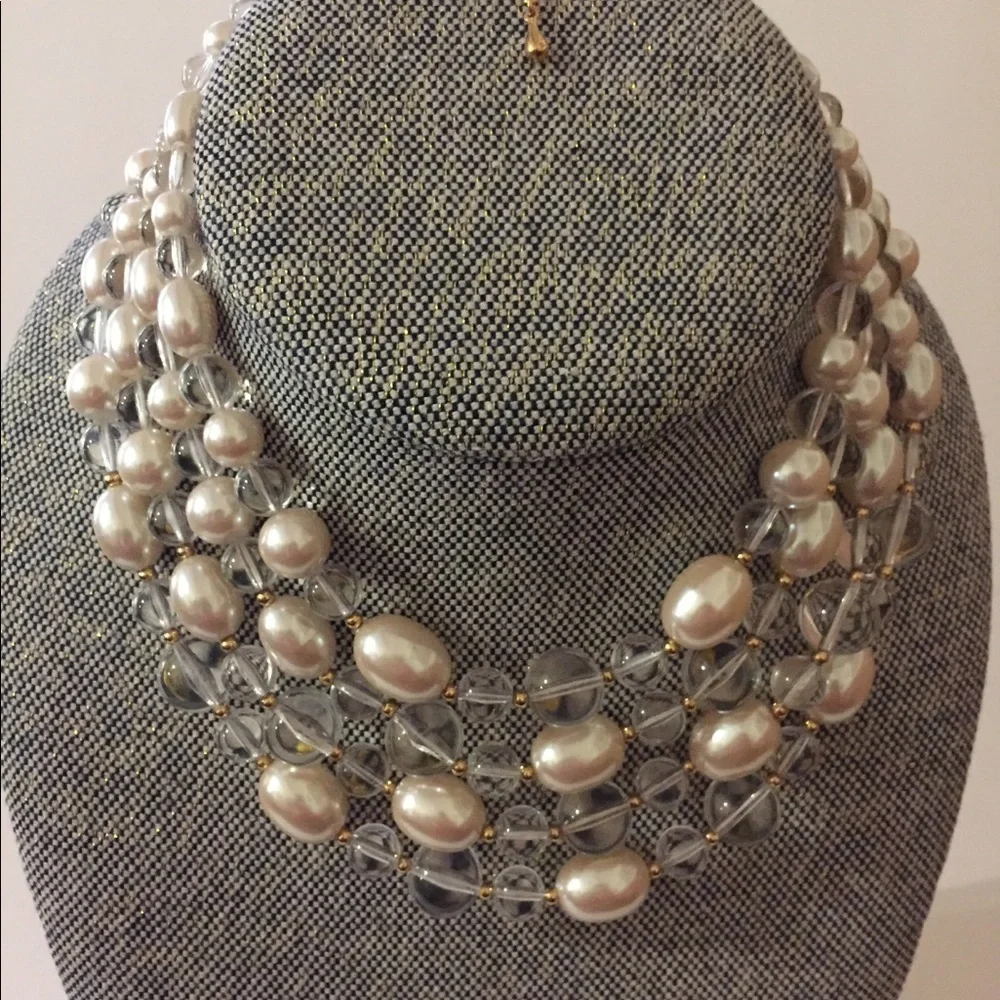 4 Strands Faux Creme Pearl & Clear Beads Goldtone Wedding Cocktail Necklace
